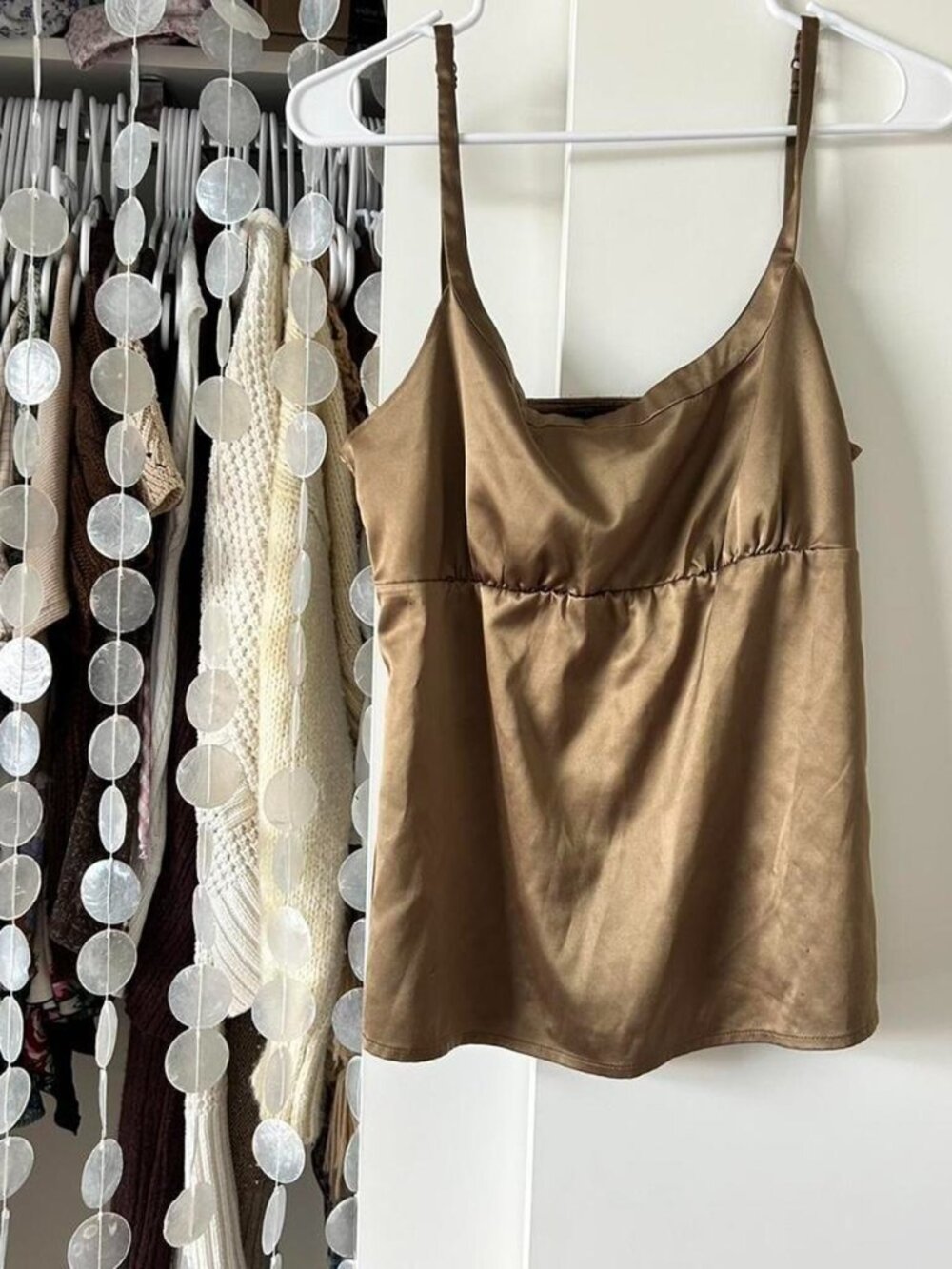 Gold/green silk cami top with adjustable straps.